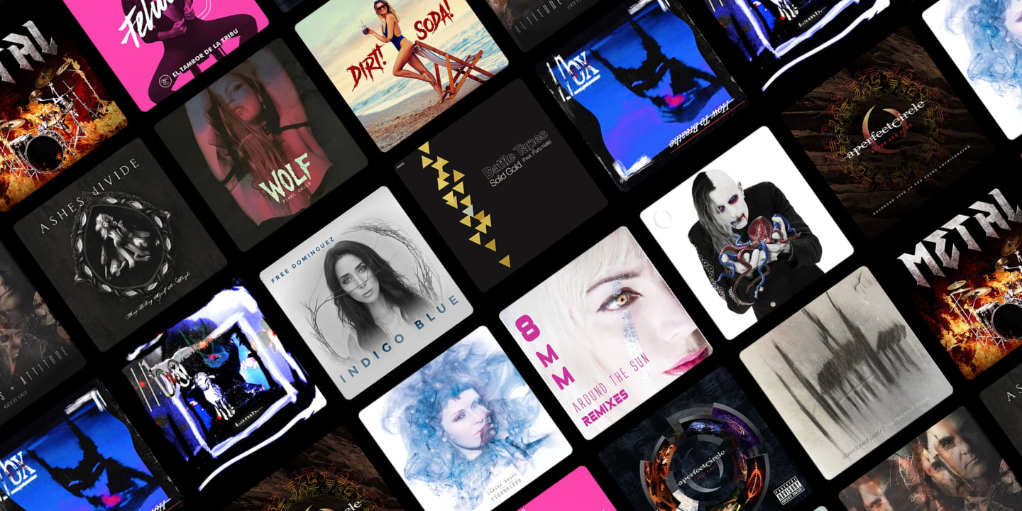Collage of various album covers with diverse music themes, featuring different artwork and styles.